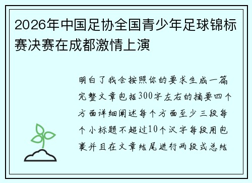 2026年中国足协全国青少年足球锦标赛决赛在成都激情上演