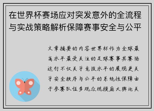 在世界杯赛场应对突发意外的全流程与实战策略解析保障赛事安全与公平